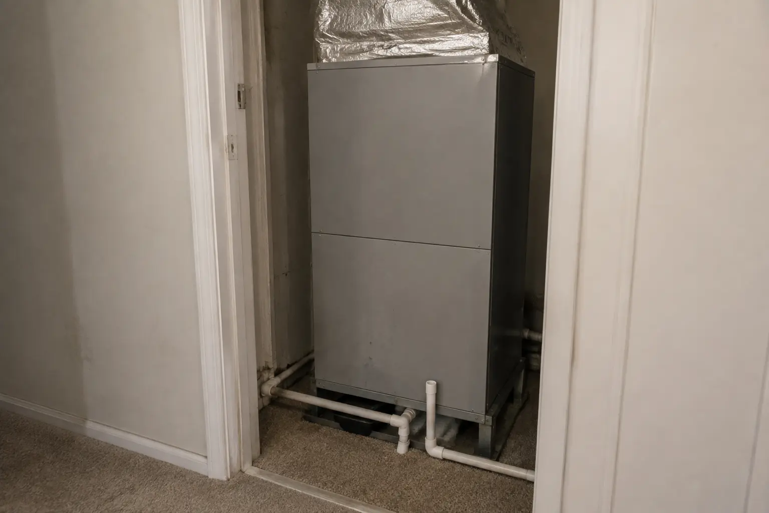 Indoor vertical air handler and cased coil for a central heat pump system