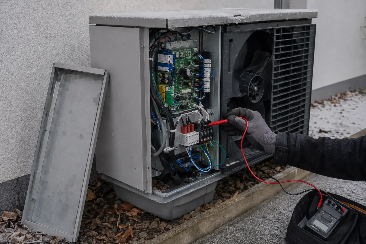 Inverter drive compartment of a cold climate heat pump with the panel removed