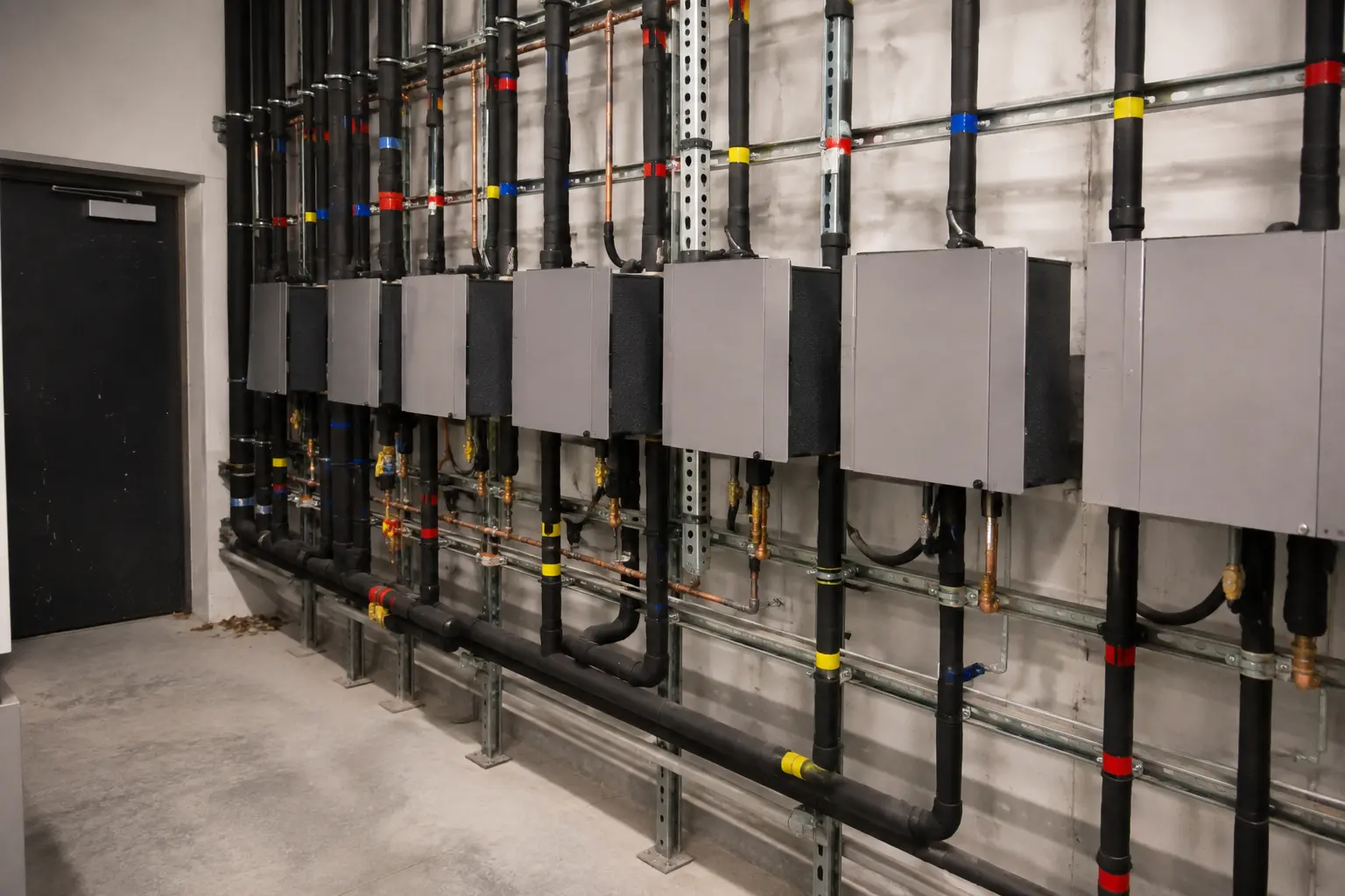 Refrigerant branch controllers and insulated piping in a commercial mechanical room