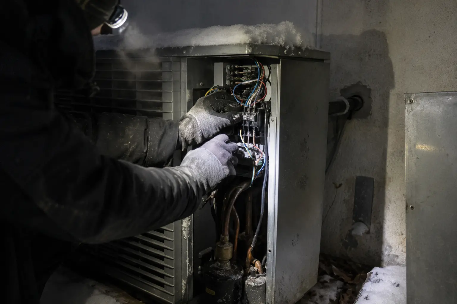 Technician working in a heat pump electrical compartment by headlamp at night