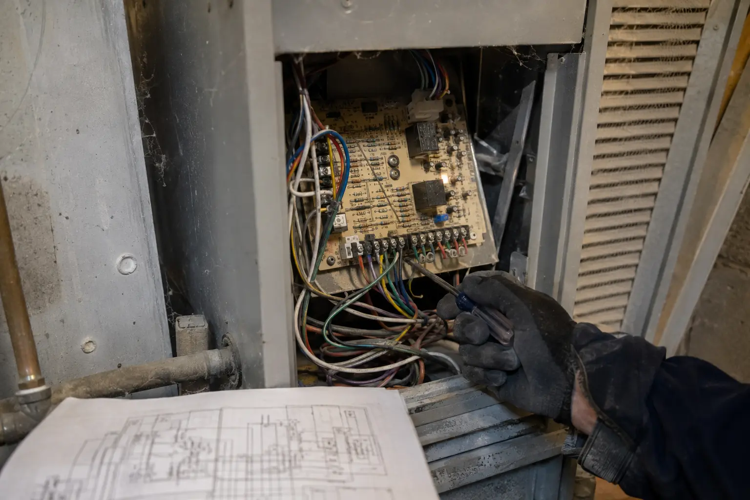 Dual fuel control wiring at a furnace control board in Spokane