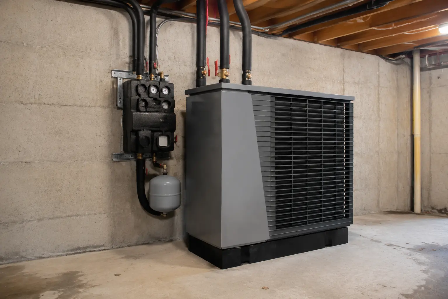 Water to air geothermal heat pump unit and flow centre in a rural basement