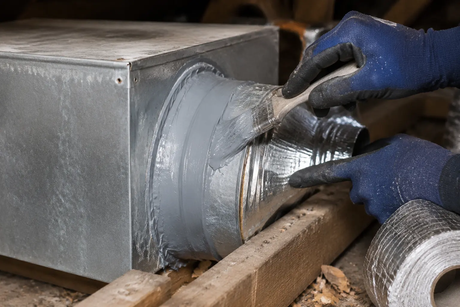 Duct mastic being applied to a takeoff collar before insulation wrap