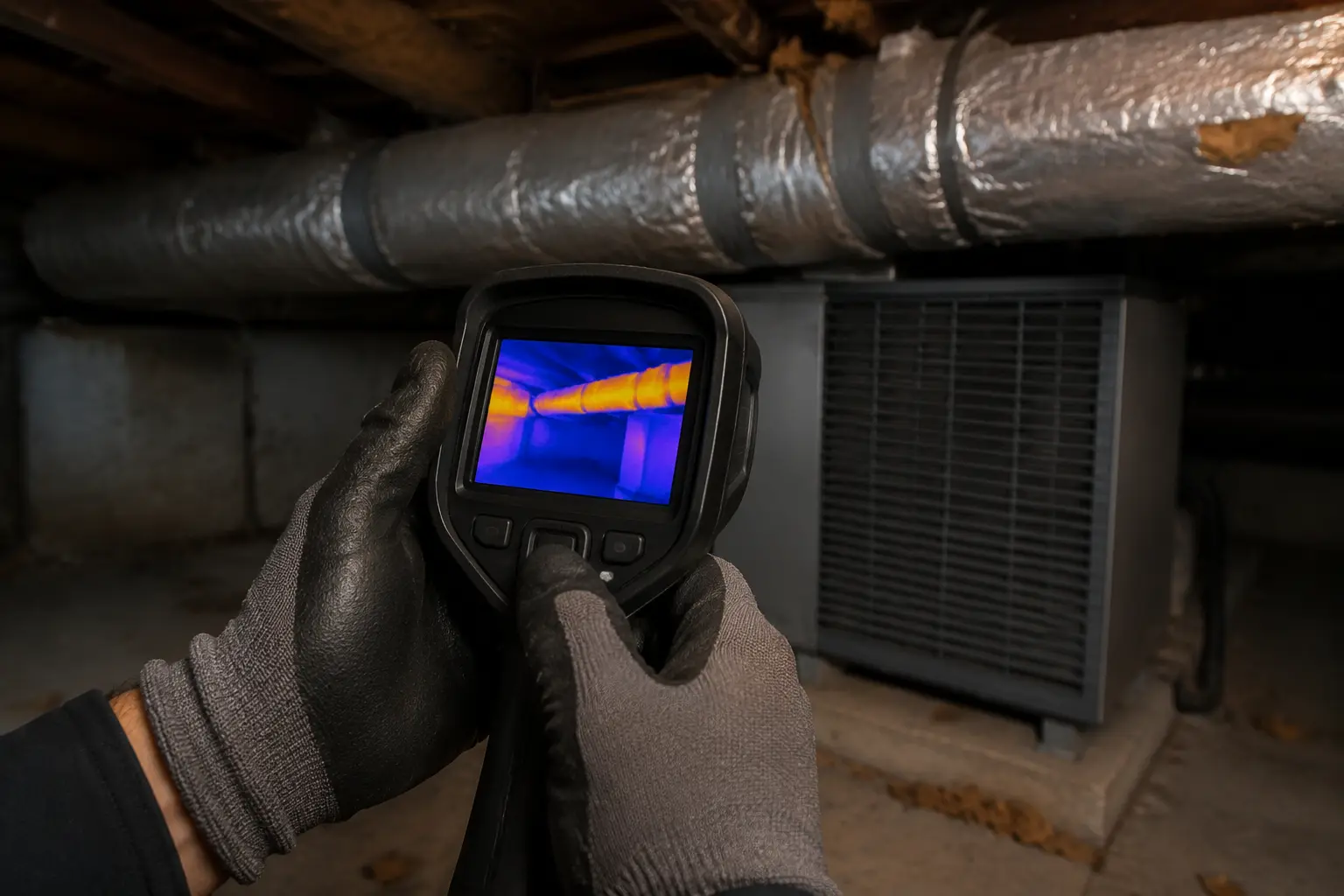 Thermal imaging camera aimed at duct insulation above a heat pump air handler