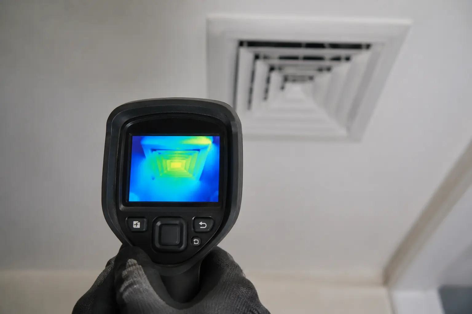 Thermal imaging camera aimed at a ceiling supply register during inspection