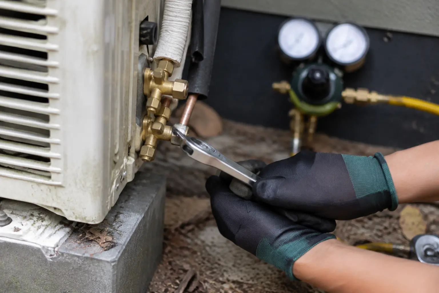Torque wrench on a flare fitting at a heat pump service valve