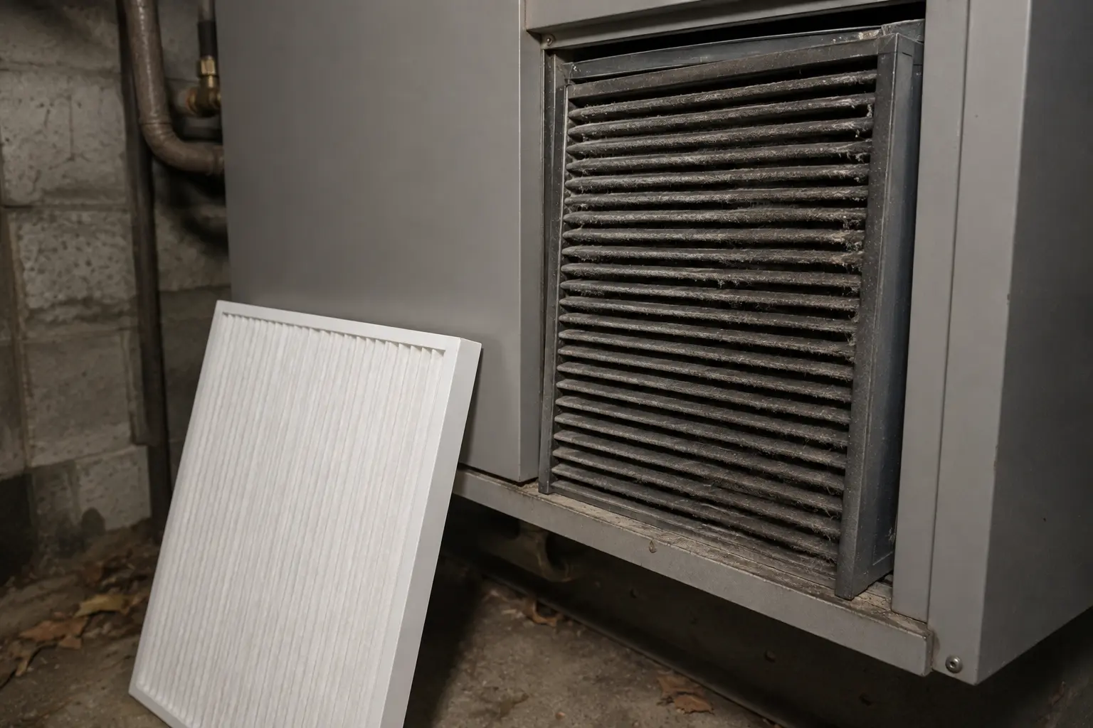 Dust loaded filter being replaced at a heat pump air handler