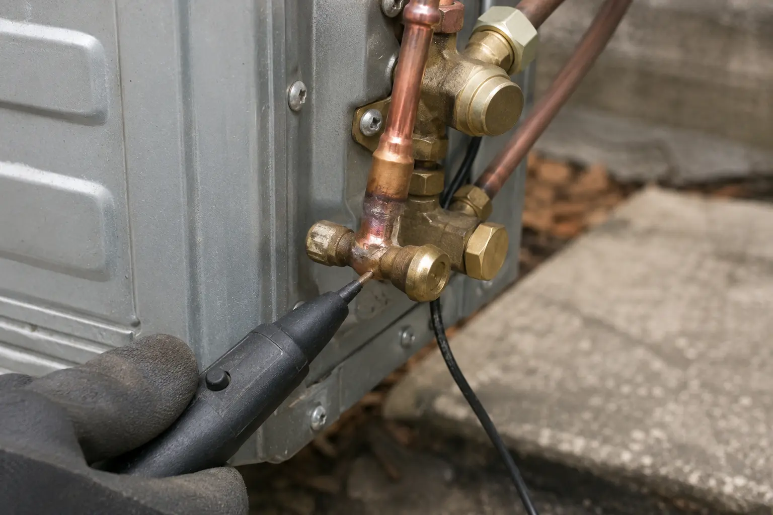 Electronic leak detector probe at a brazed joint on a heat pump service valve