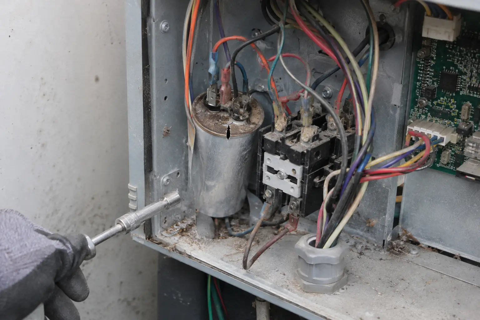 Failed bulging run capacitor inside a heat pump electrical compartment