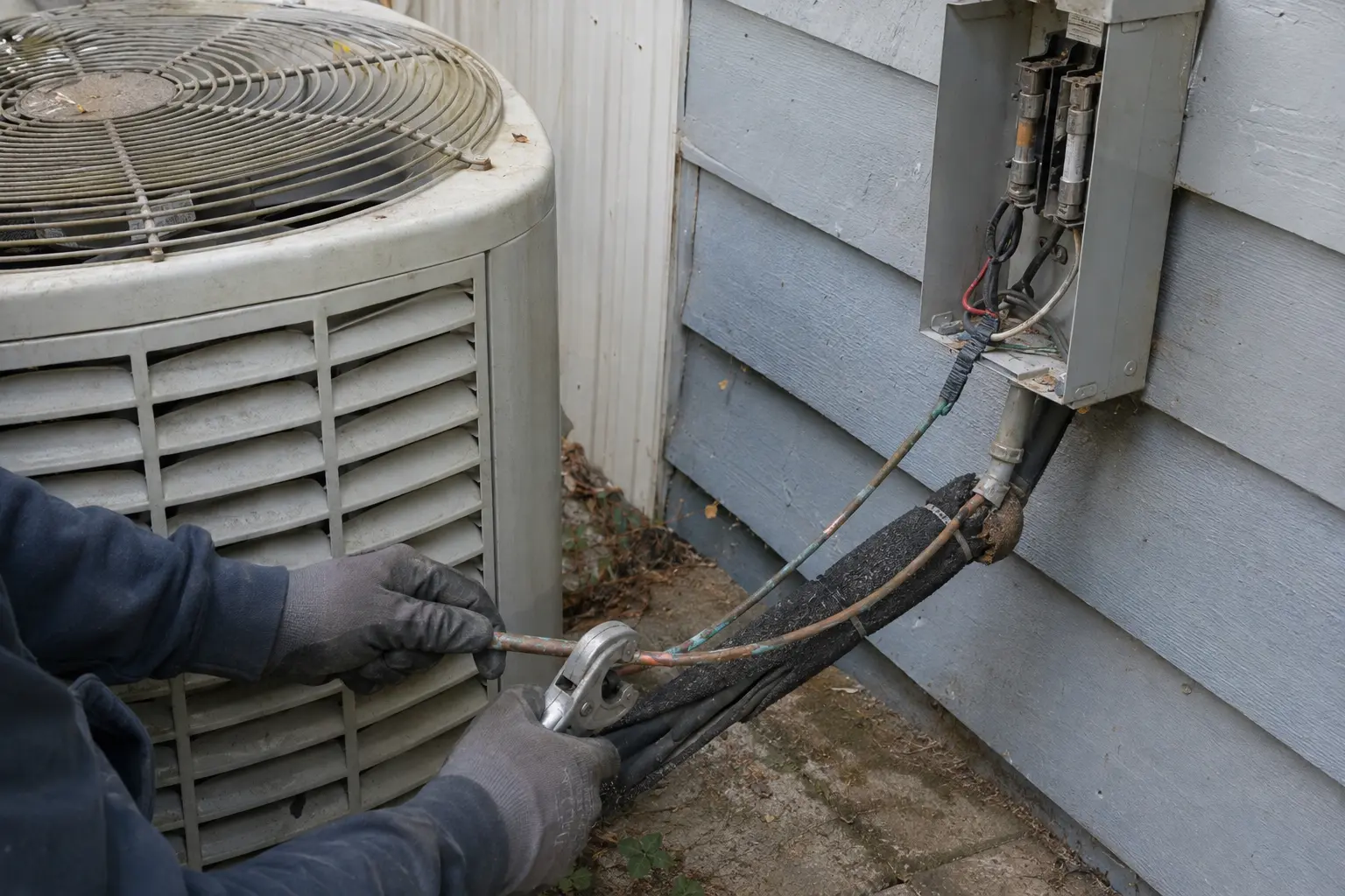 Cutting the old refrigerant line set during a heat pump replacement