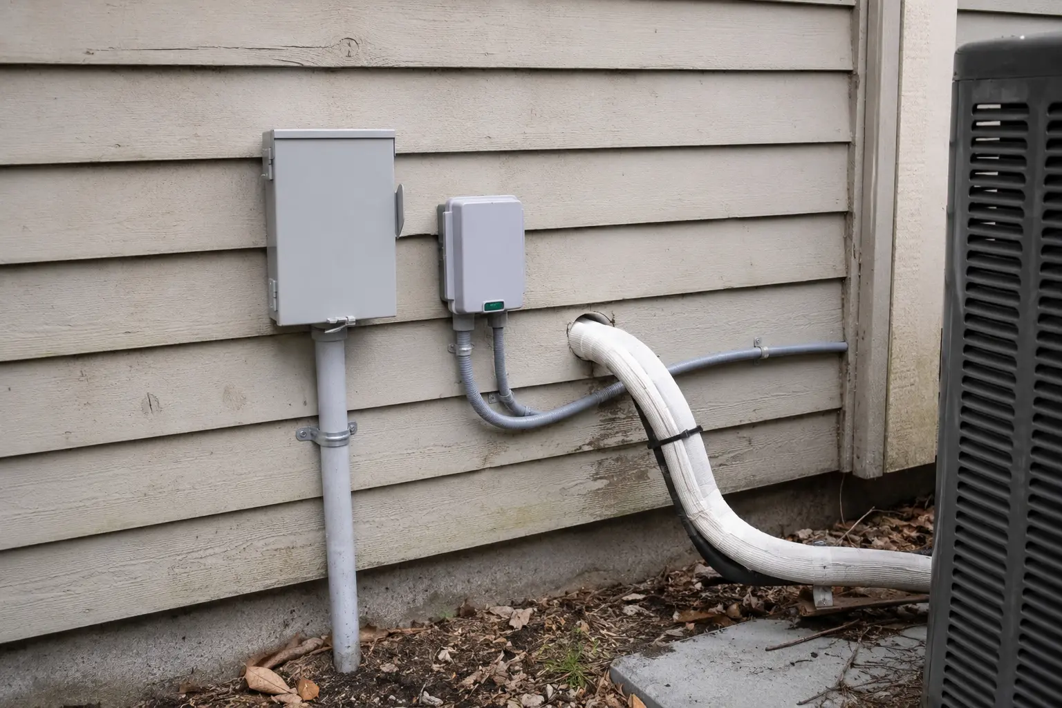 New exterior disconnect and surge protection beside a heat pump line set