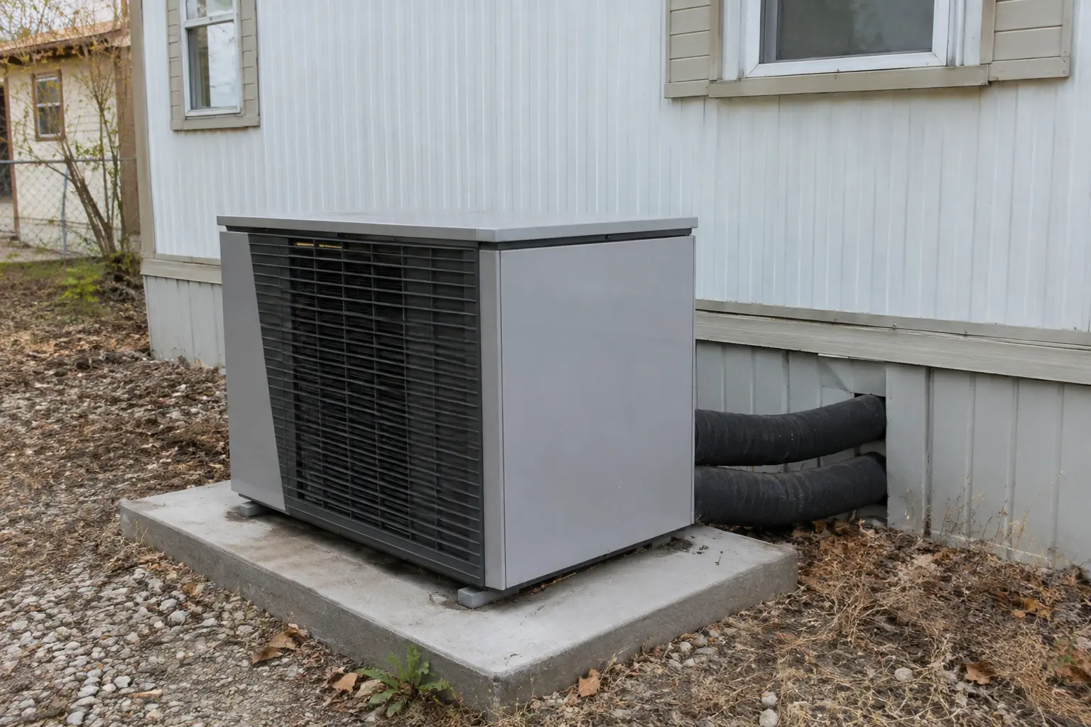 Ground mounted packaged heat pump beside a manufactured home