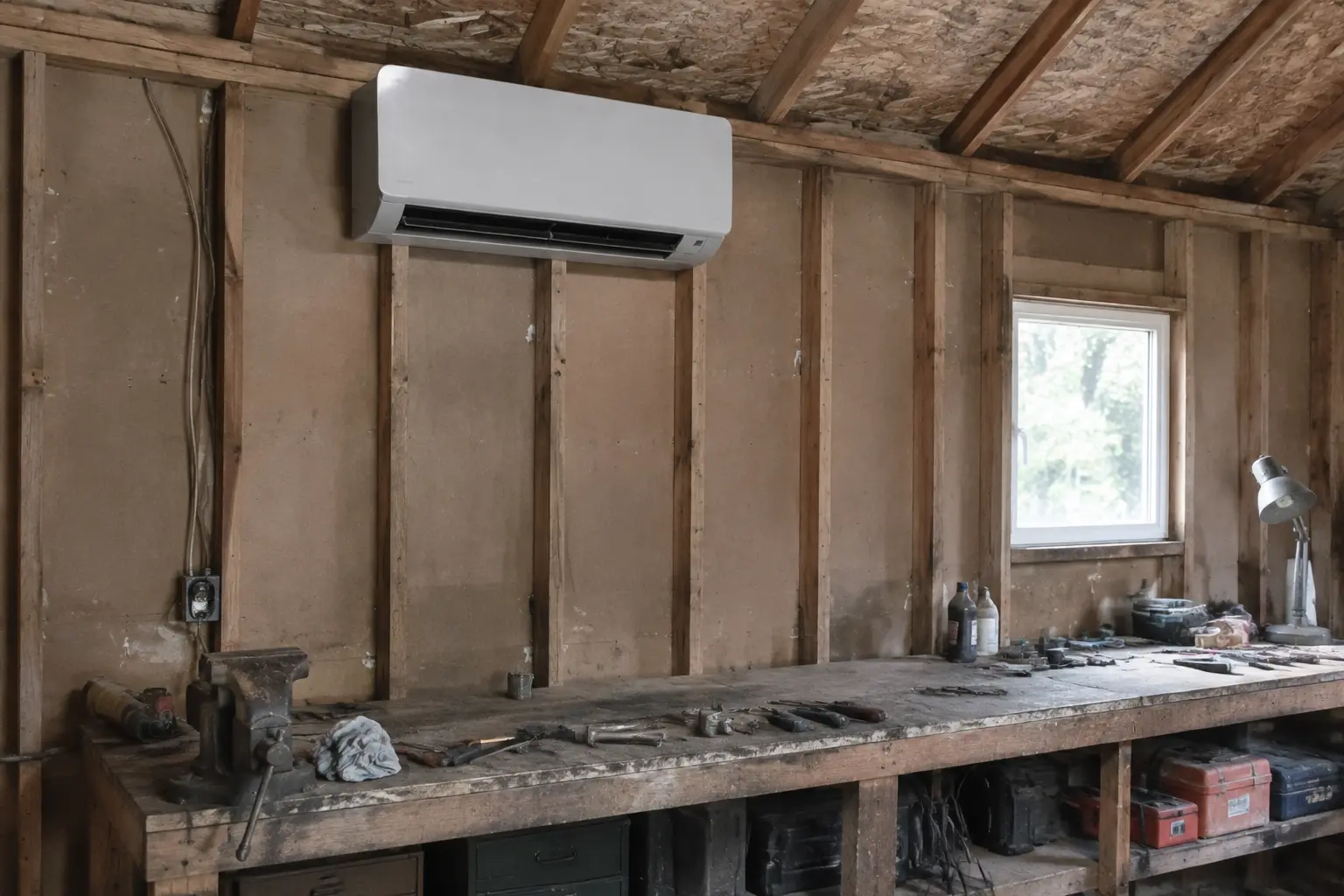 Single-zone ductless head in a detached Spokane garage workshop