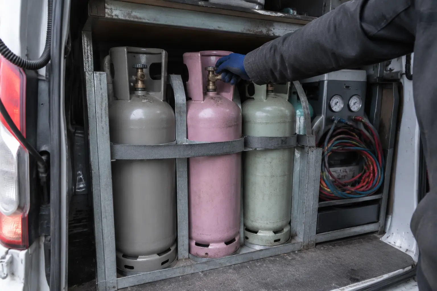 Refrigerant cylinders racked in a service van with recovery equipment