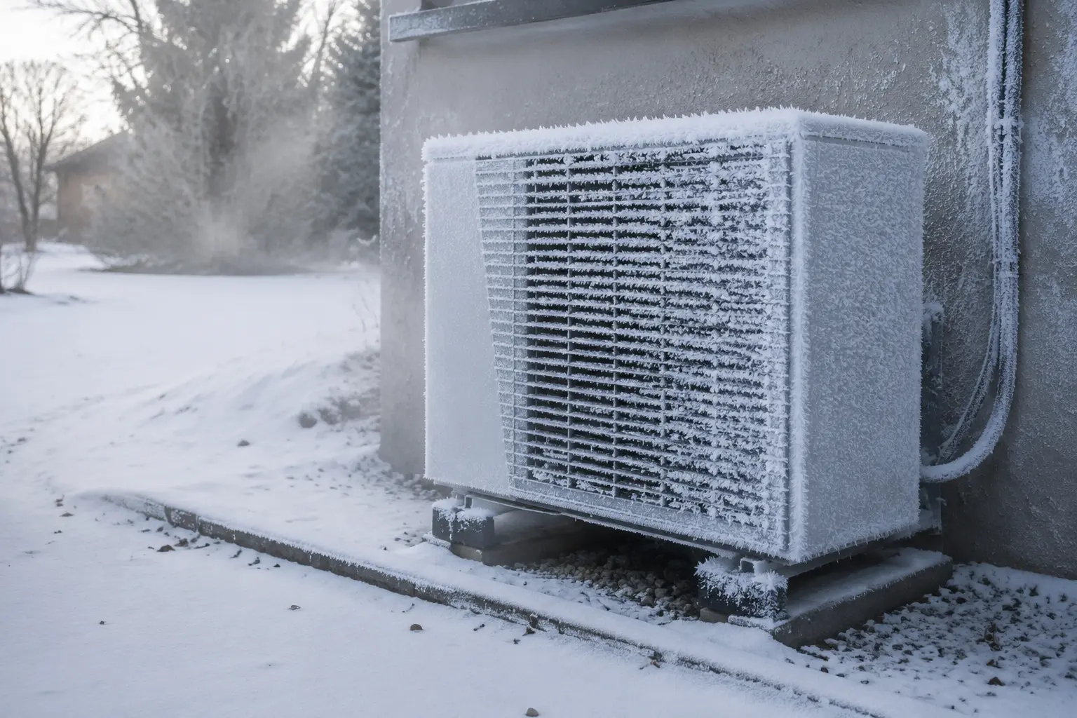 Heat pump outdoor unit covered in heavy frost on a cold Spokane morning