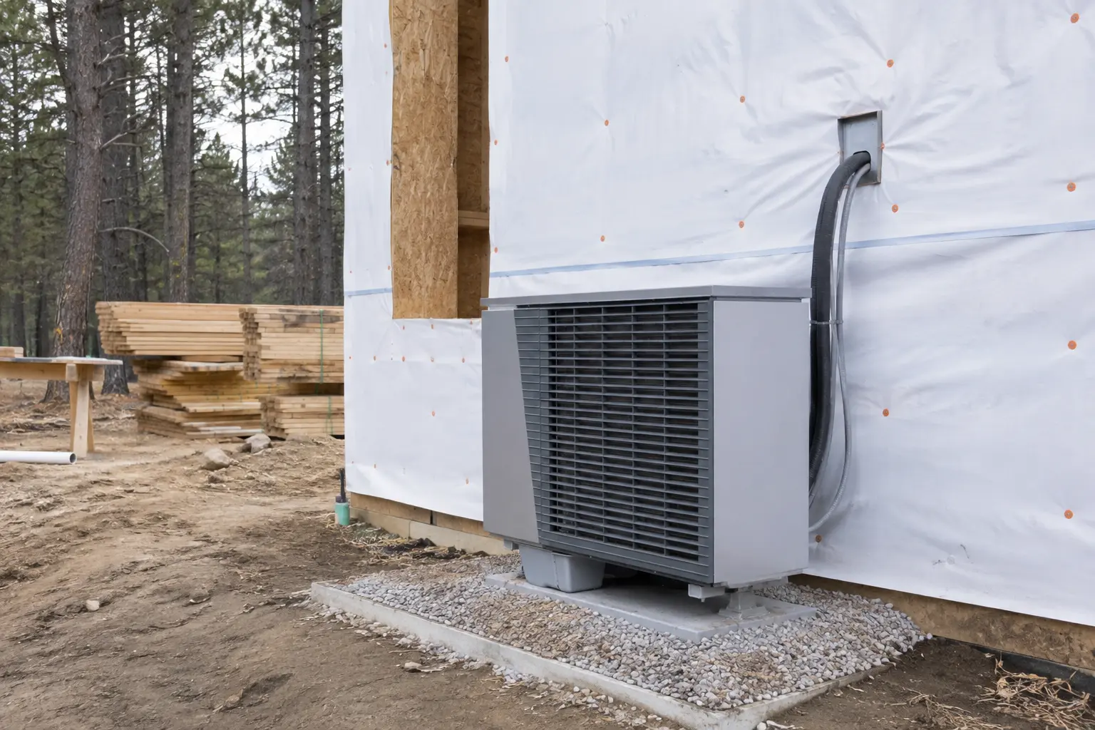 Heat pump installed at a new construction home in Spokane at the sheathed stage