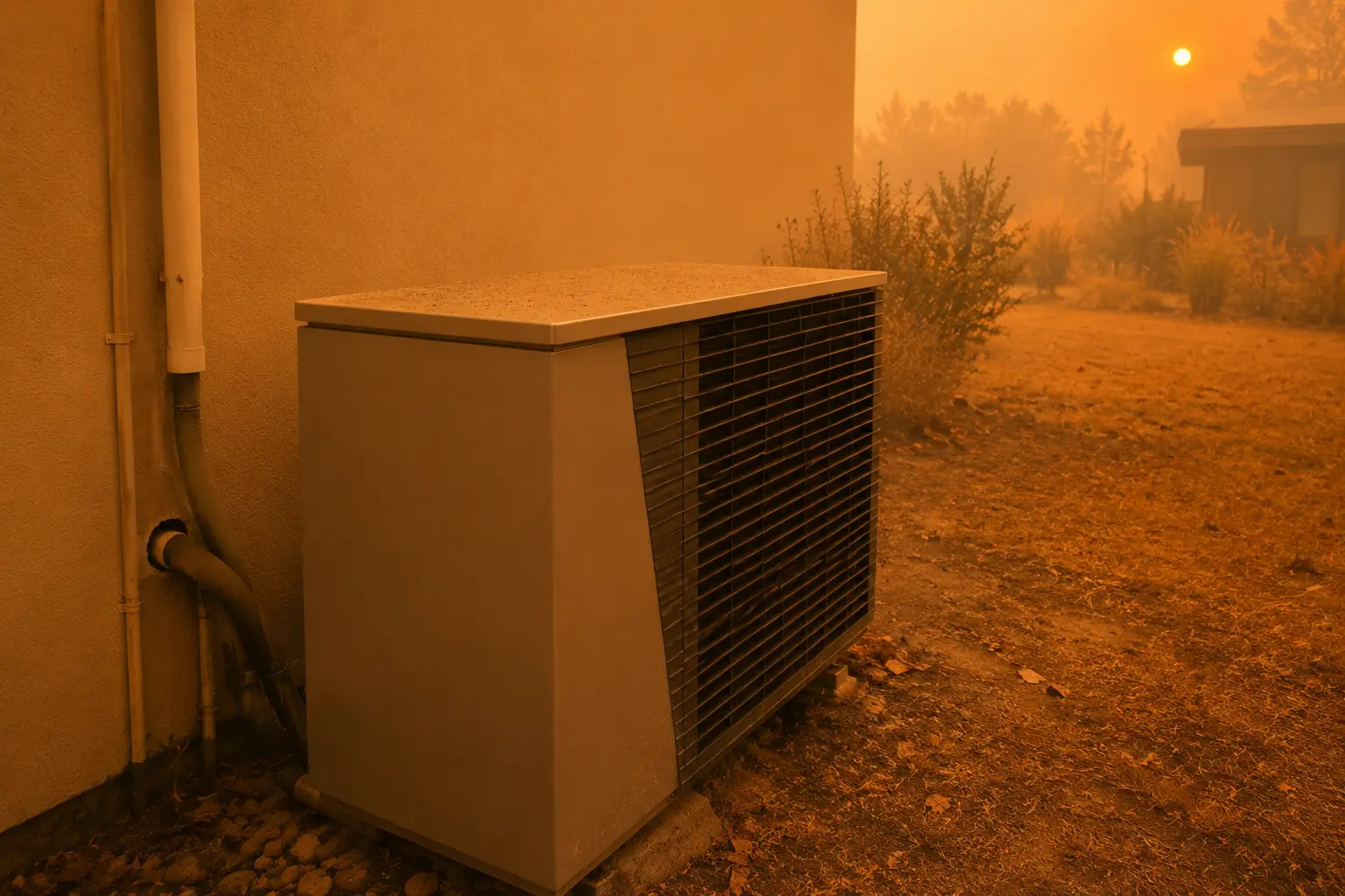 Heat pump outdoor unit with ash dust under heavy orange wildfire smoke haze