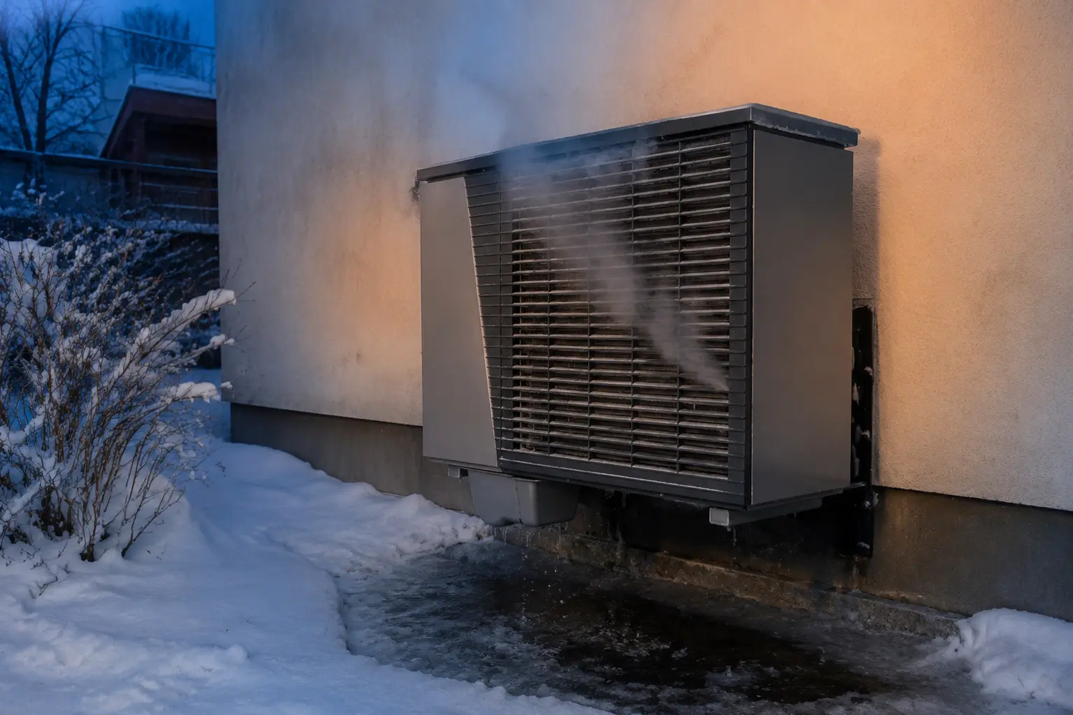 Air source heat pump in defrost cycle with steam rising off the coil in winter