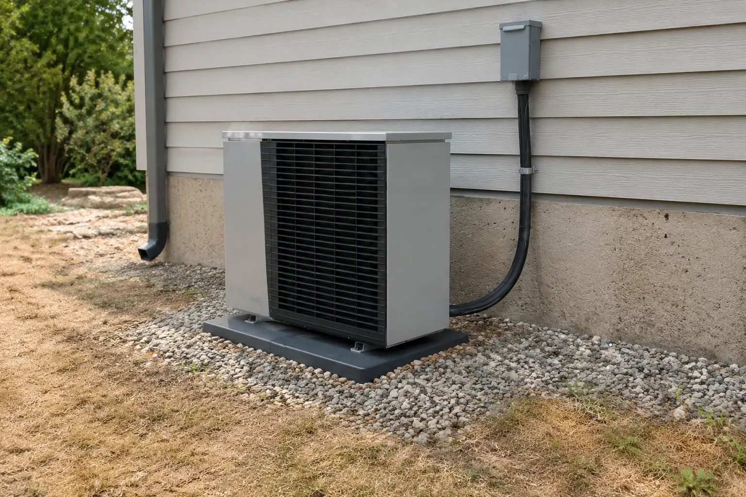 Central split system heat pump outdoor unit on a pad at a Spokane home