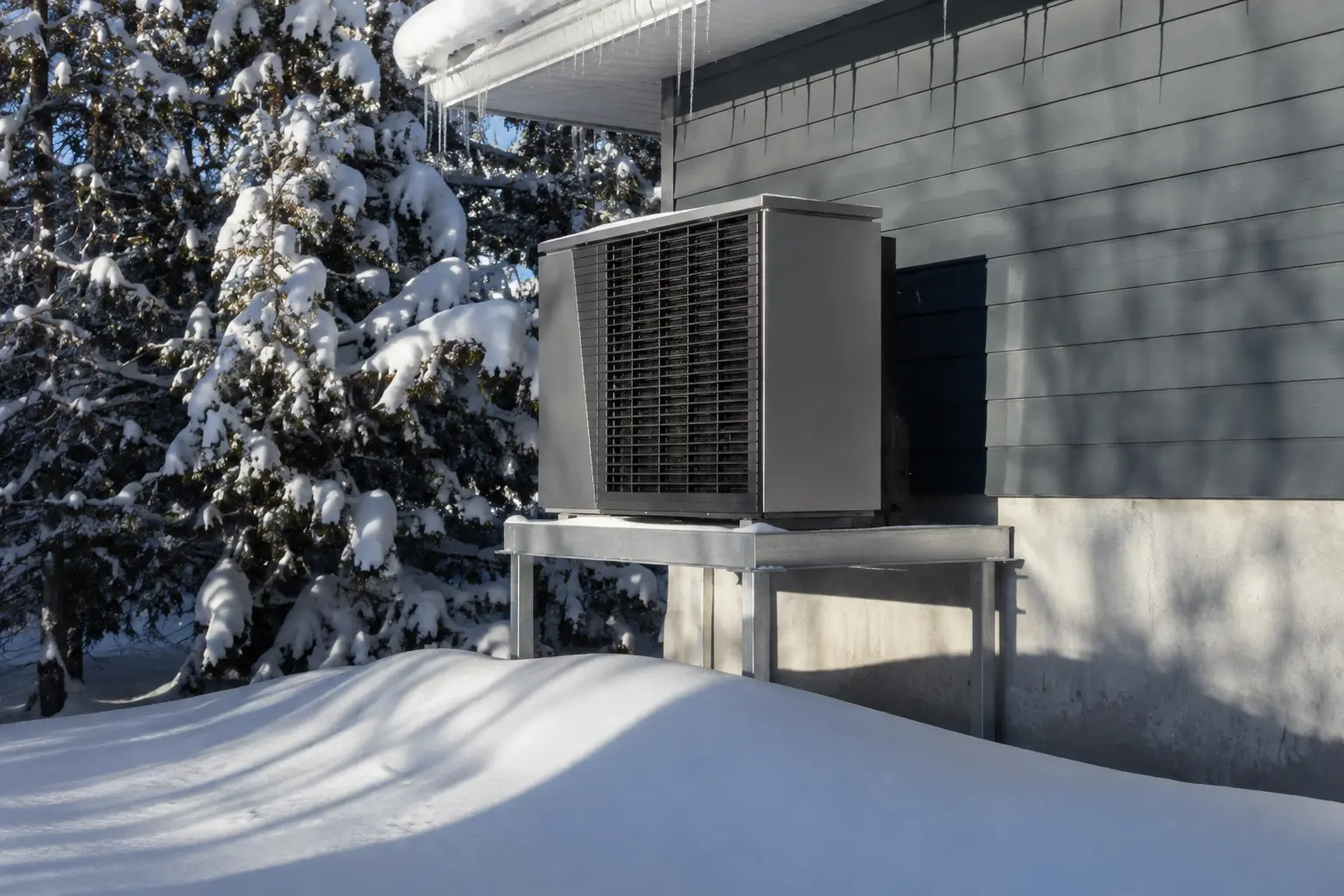 Cold climate heat pump on a raised stand clear of deep snow in Spokane