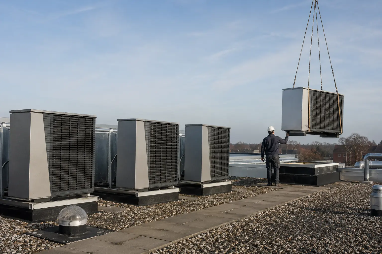 Packaged rooftop heat pumps being craned into place on a Spokane commercial building
