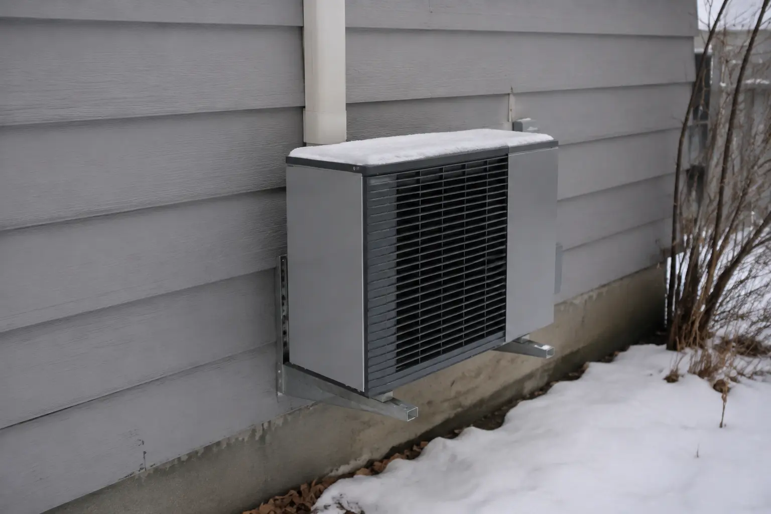 Ductless mini-split heat pump outdoor unit on wall brackets above snow in Spokane