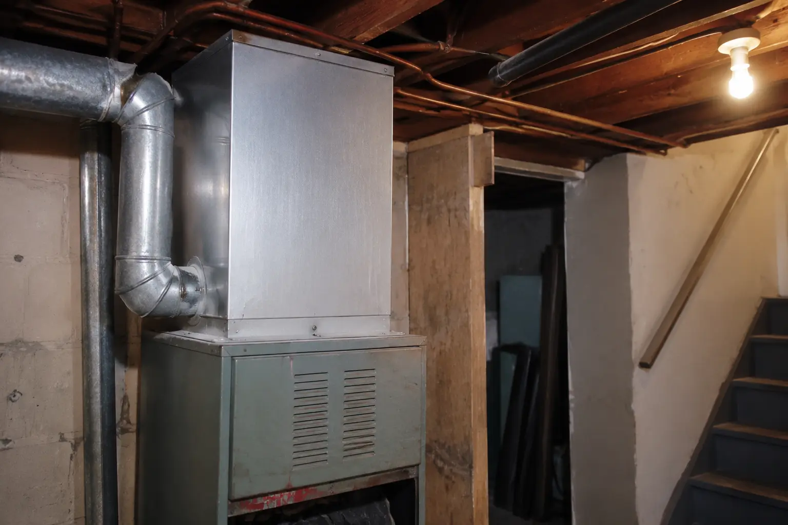 Existing gas furnace with a new heat pump cased coil installed on top