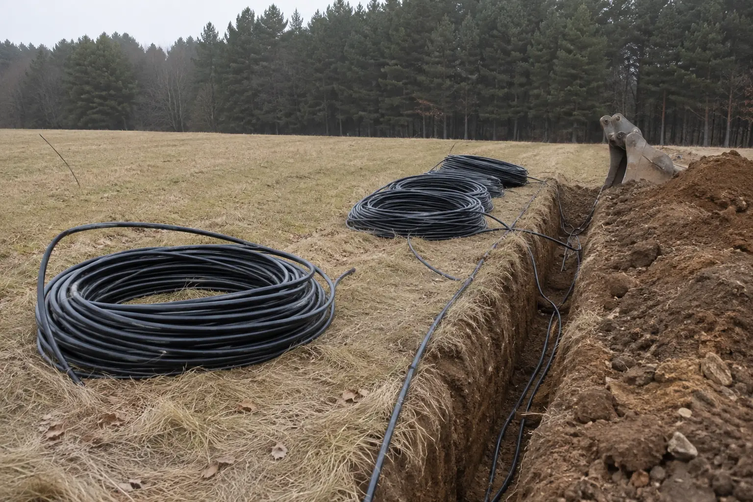 Horizontal geothermal ground loop trench with HDPE pipe on a rural Spokane County acreage