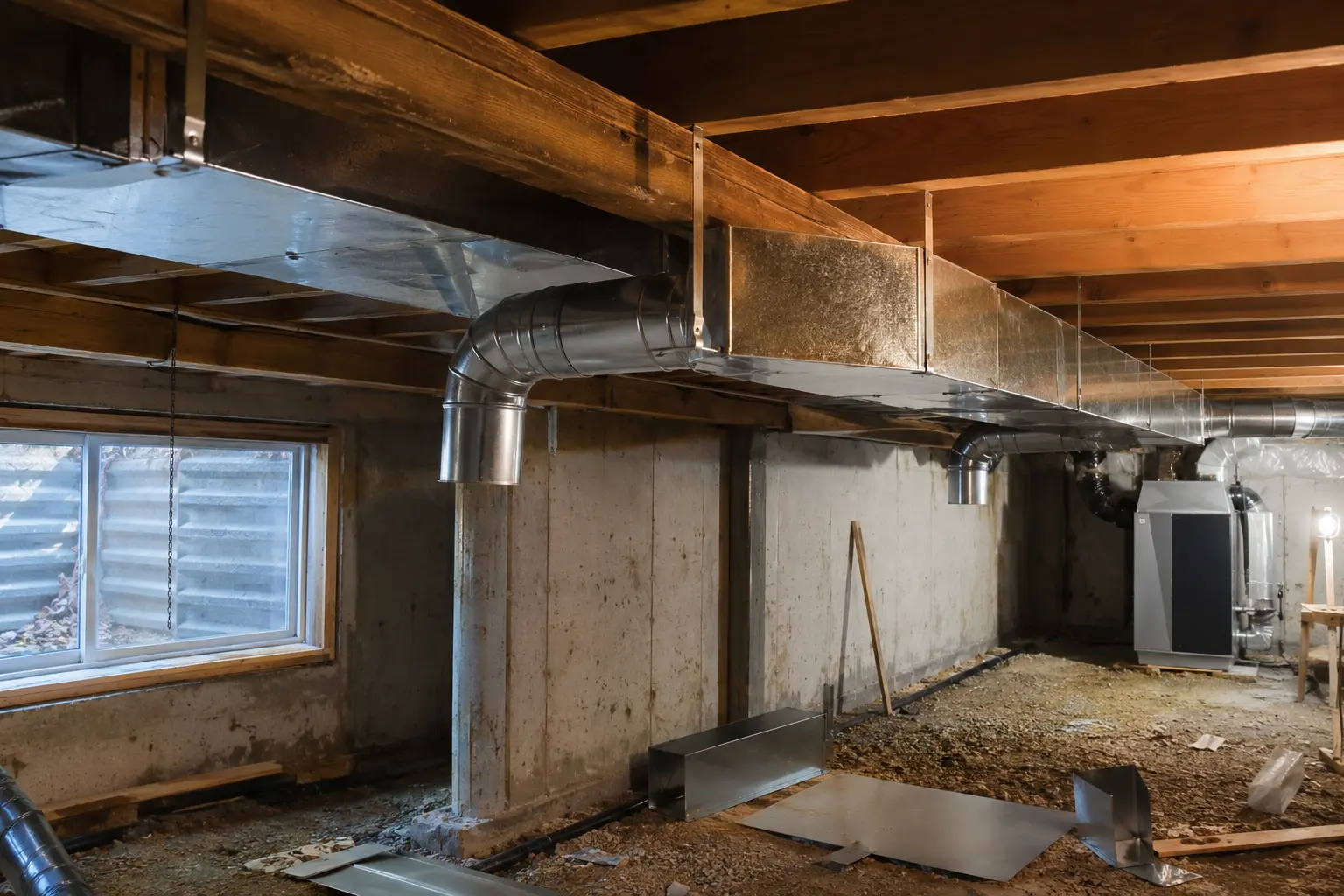 New galvanised trunk and branch ductwork installed between basement joists