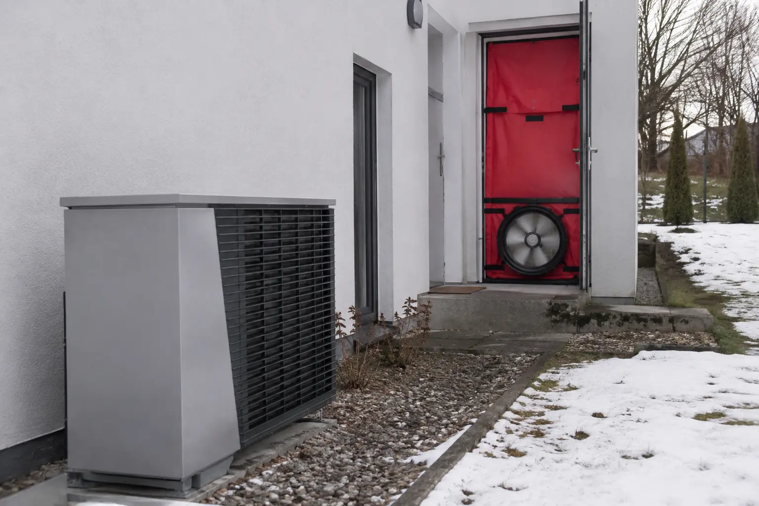 Blower door test rig in a doorway with the heat pump outdoor unit in the foreground