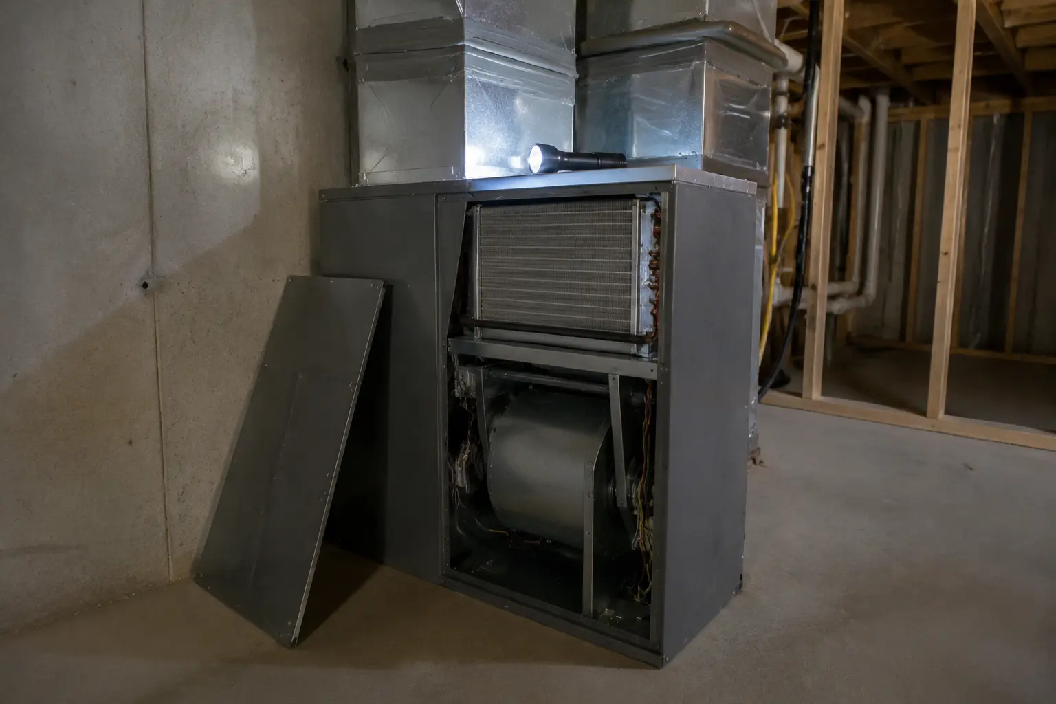 Heat pump air handler with access panel removed during an inspection