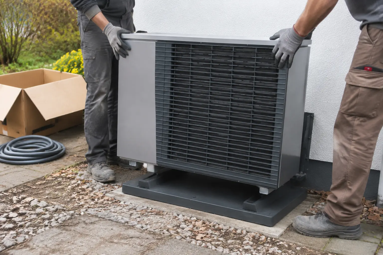 New heat pump outdoor unit being lowered onto a composite pad in Spokane