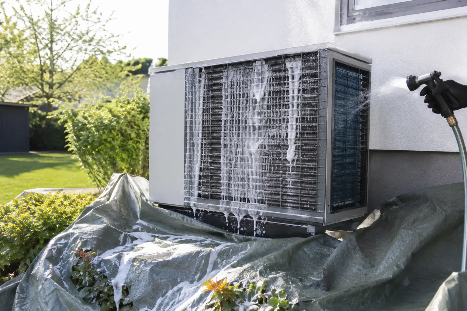 Heat pump outdoor coil being rinsed during a maintenance visit in Spokane