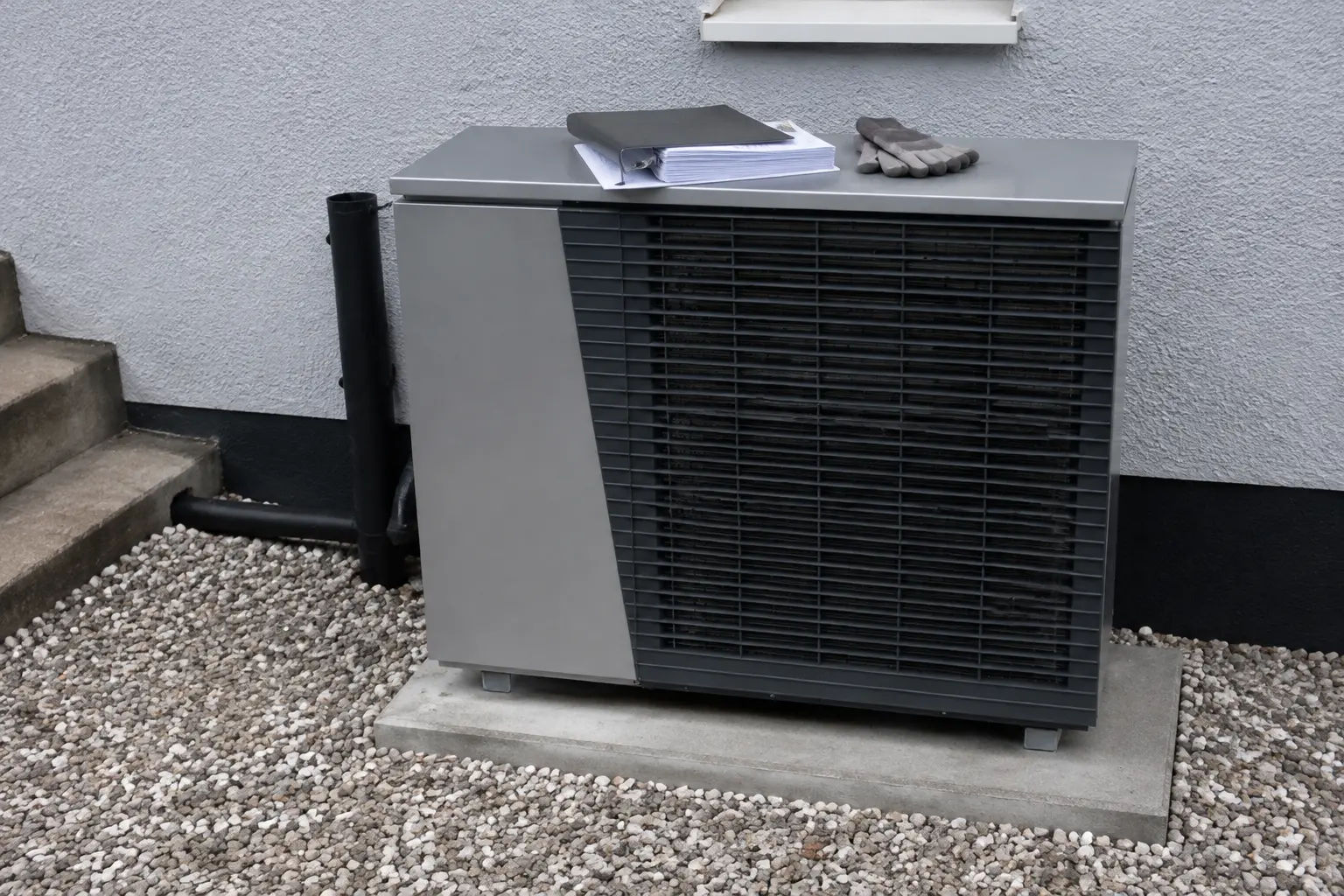 New heat pump with installation paperwork resting on the unit in Spokane