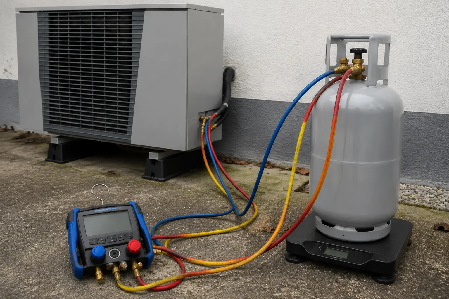 Manifold gauges and refrigerant cylinder on a scale beside a Spokane heat pump