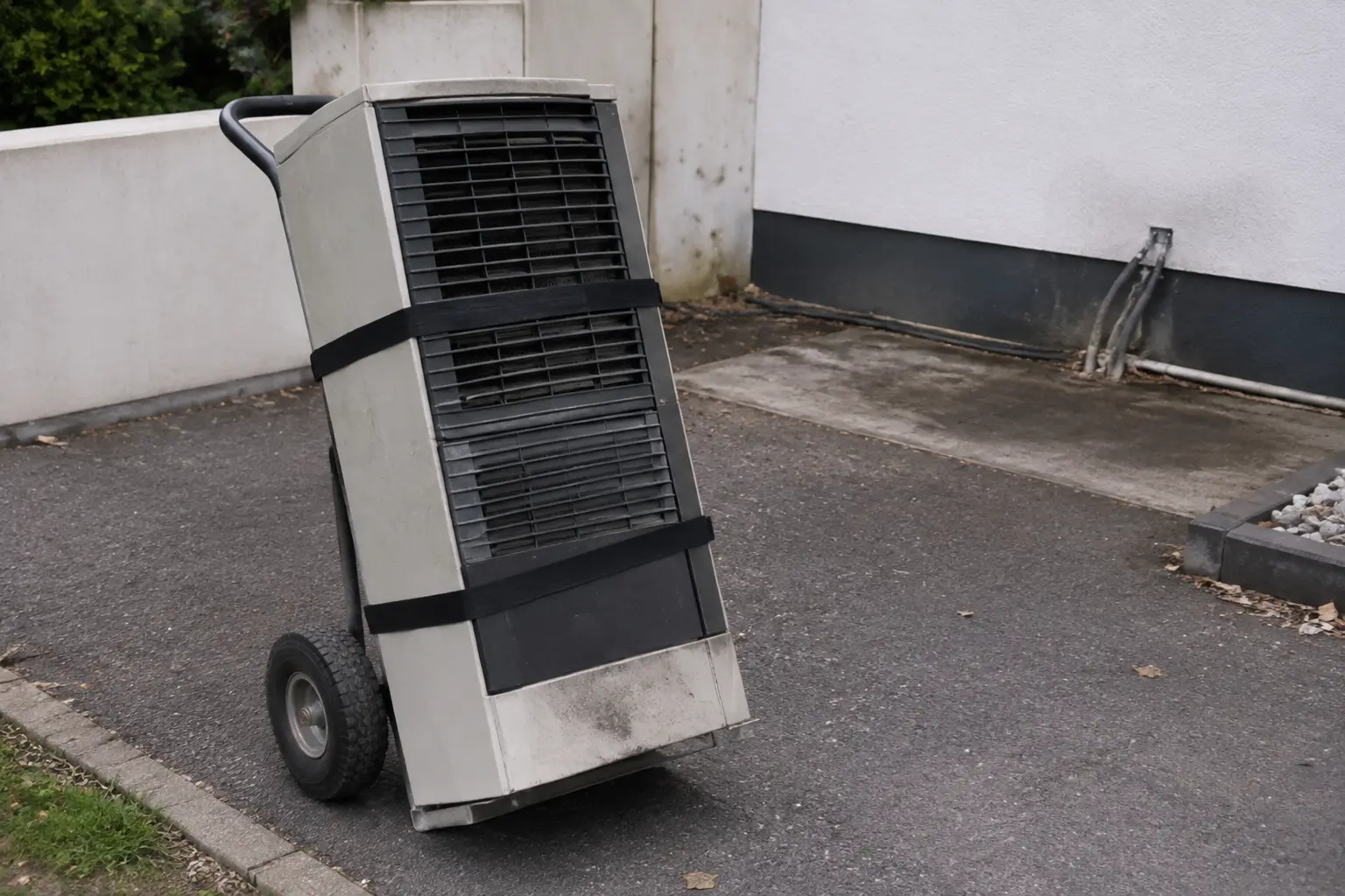 Old heat pump strapped to a hand truck beside its vacated concrete pad
