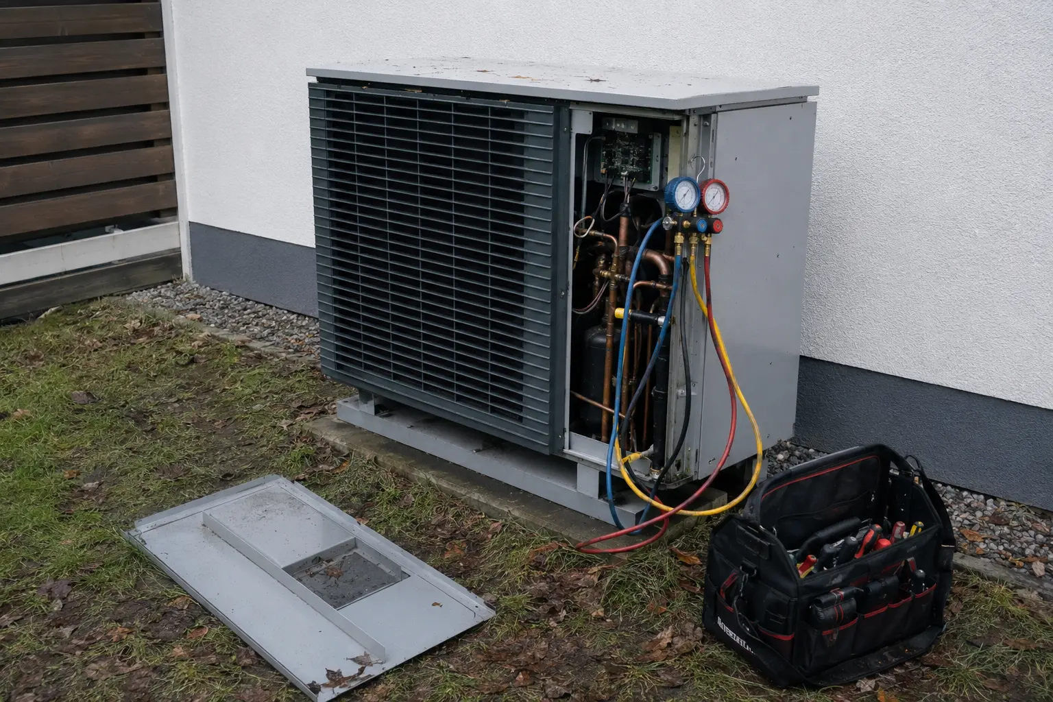 Heat pump outdoor unit with electrical panel removed and manifold gauges connected