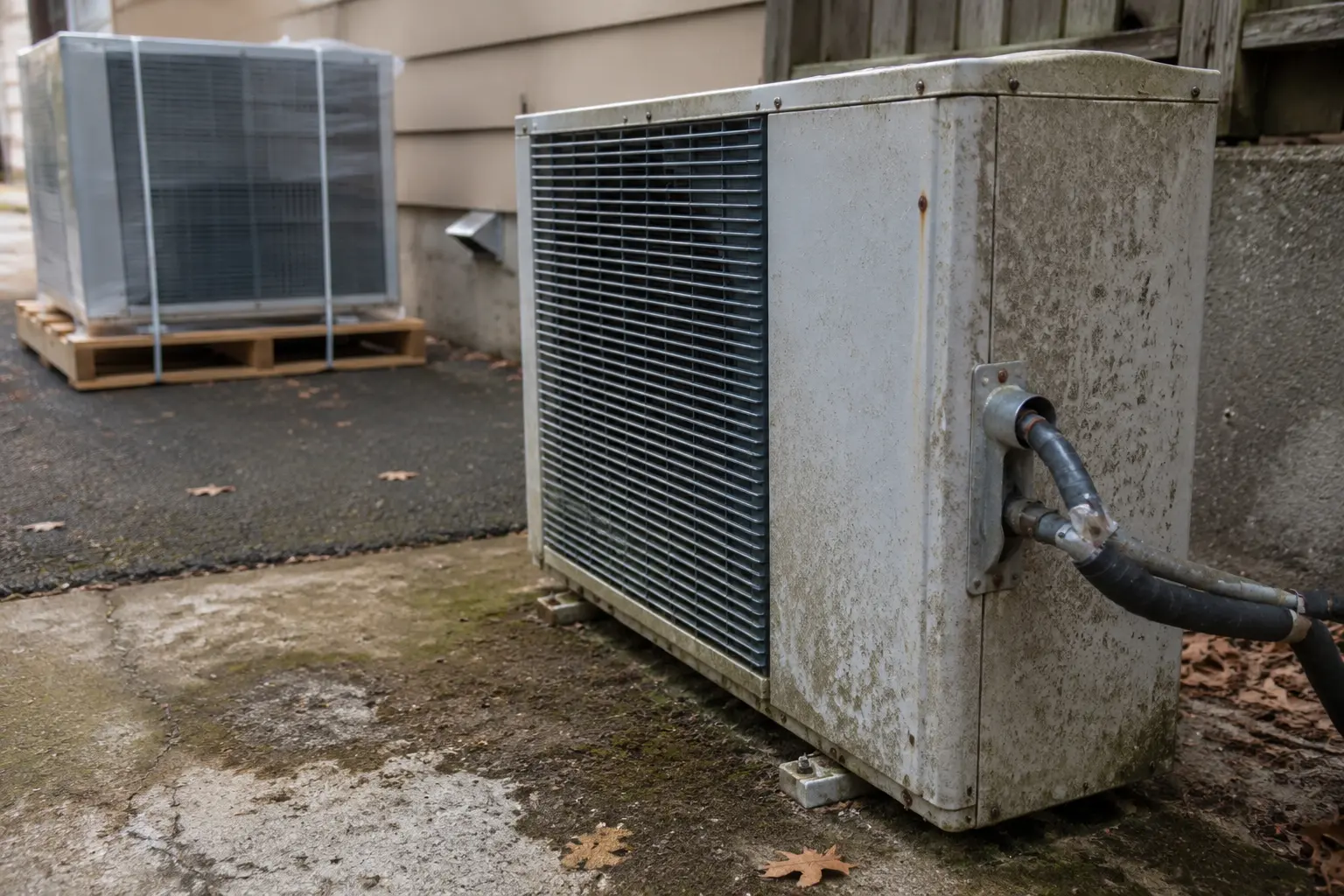 Old rusted heat pump on a cracked pad beside a new crated replacement unit