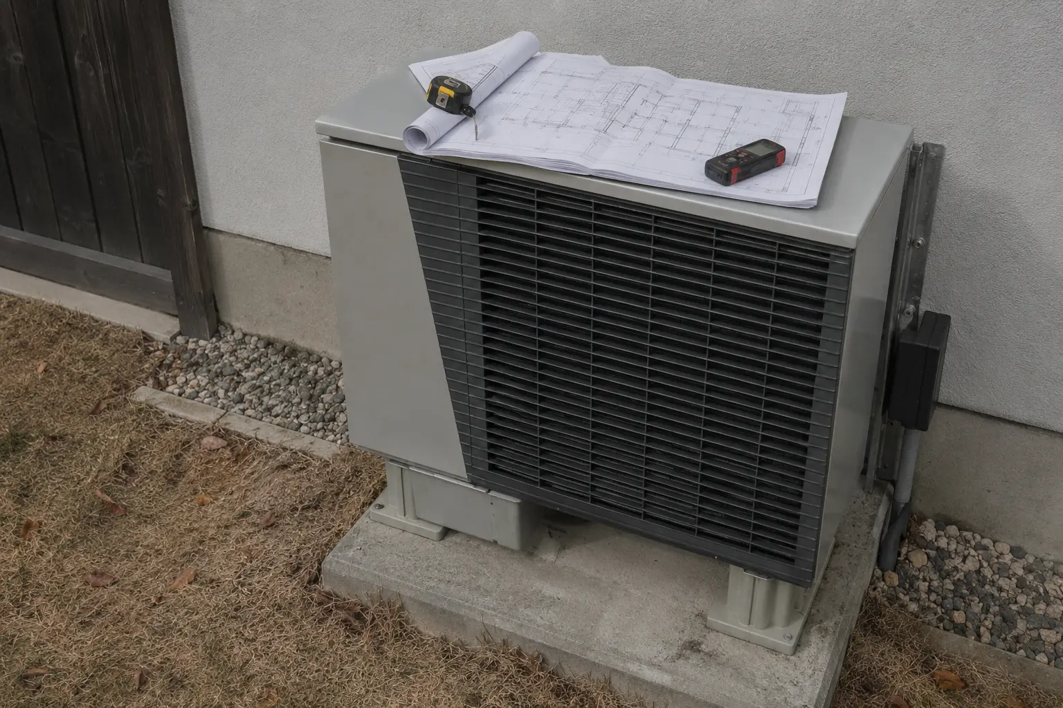Floor plan and measuring tools on a heat pump outdoor unit during a load calculation