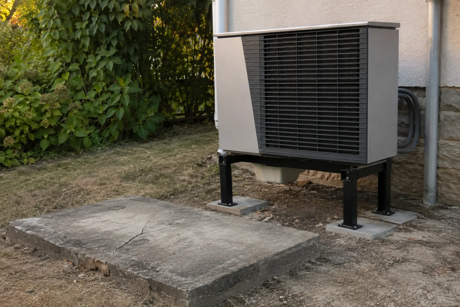 New variable speed heat pump on a raised stand beside the old cracked pad