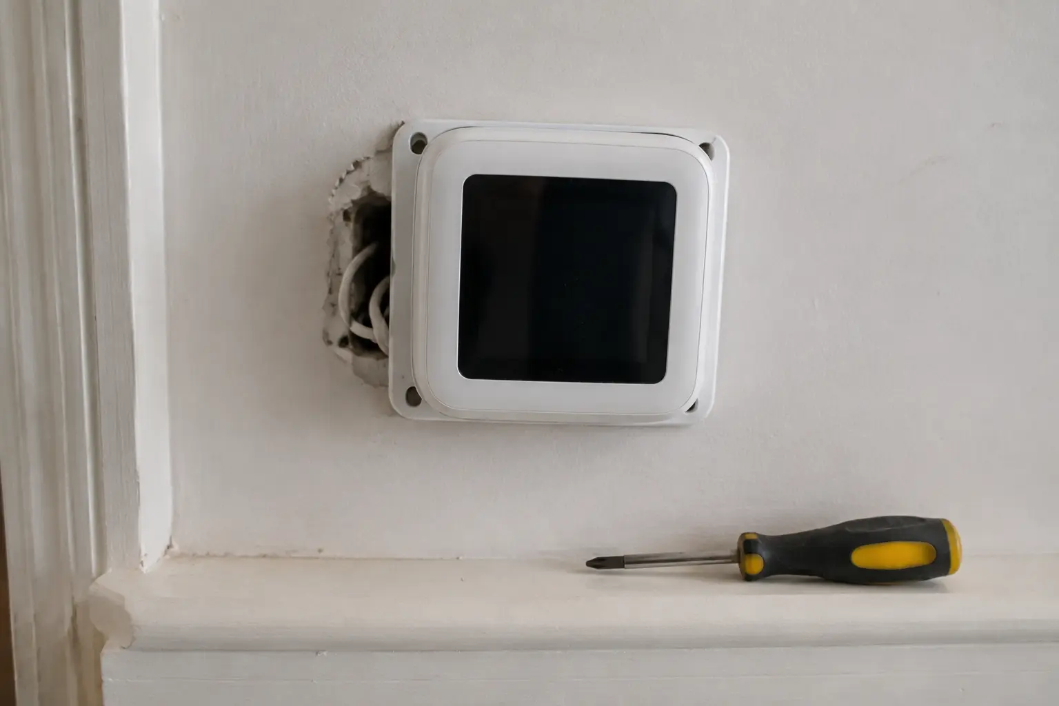 Smart thermostat mounted on its sub-base in a Spokane hallway