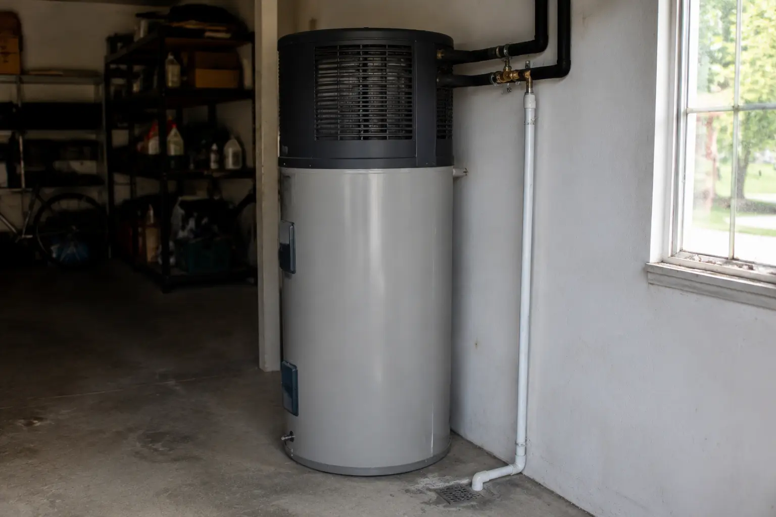 Heat pump water heater installed in a Spokane garage with condensate drain