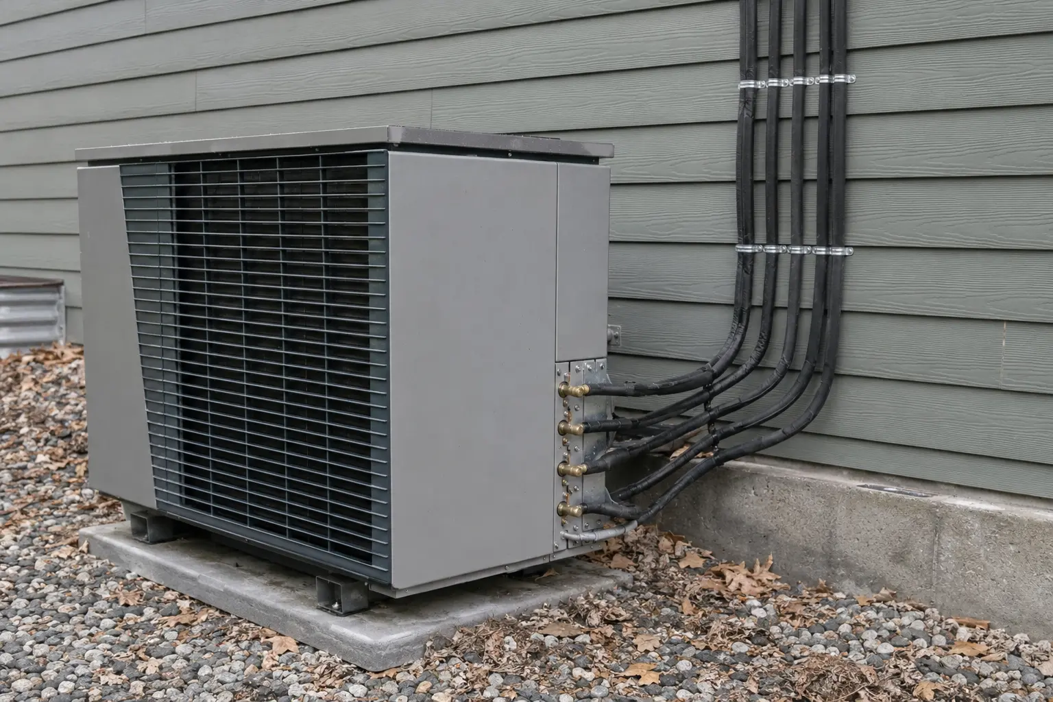 Multi-port heat pump outdoor unit with four insulated line sets on a Spokane home