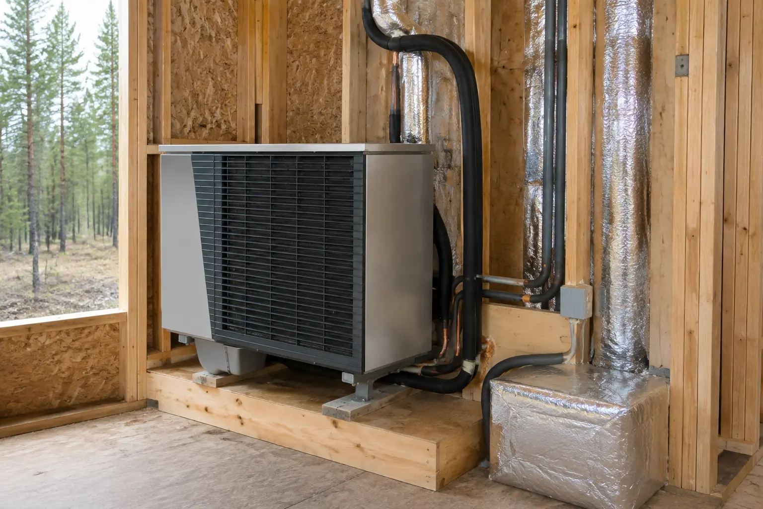 Heat pump air handler and line sets roughed into new construction framing