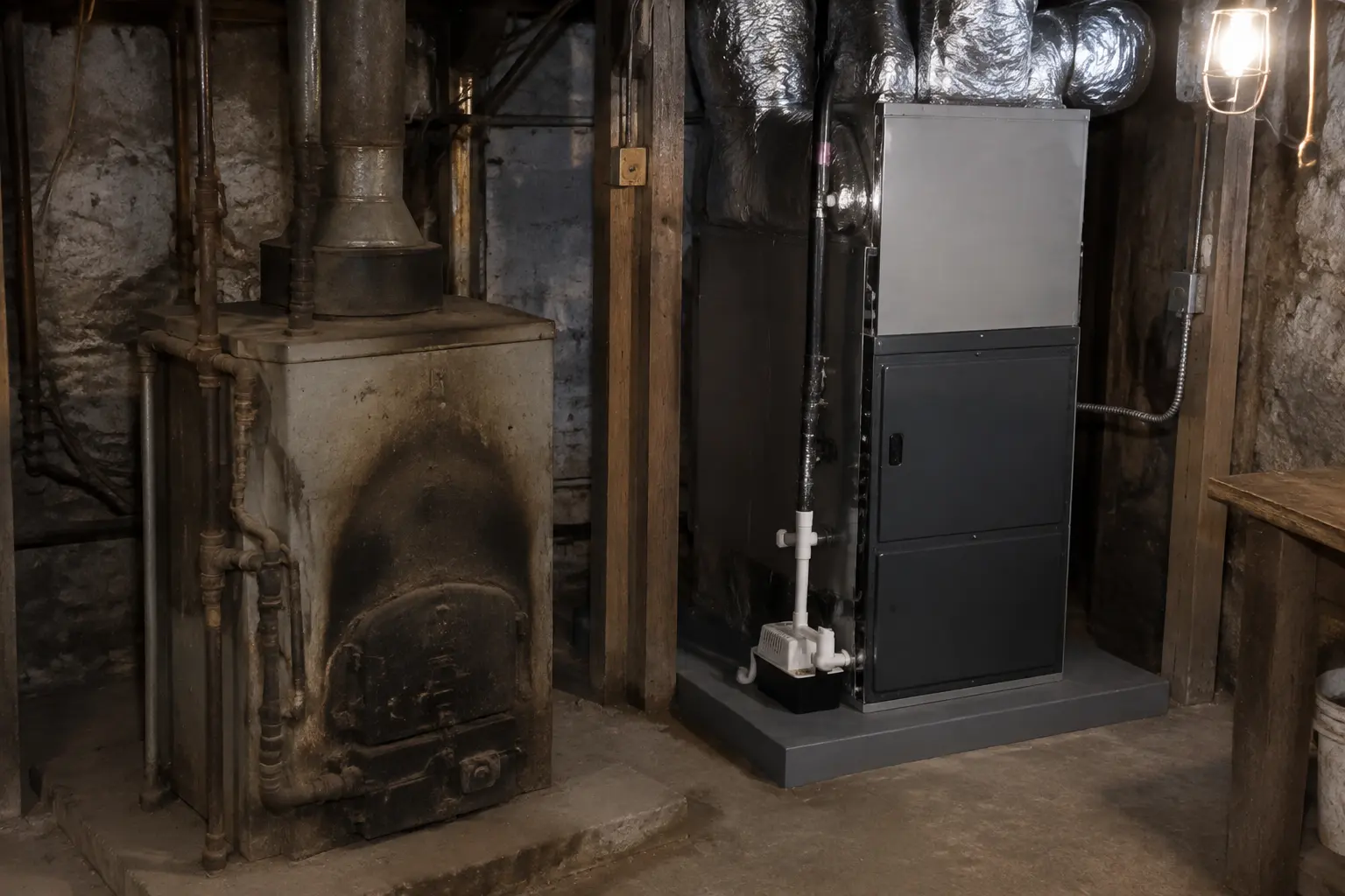 Old oil furnace beside a newly installed heat pump air handler in a rural basement