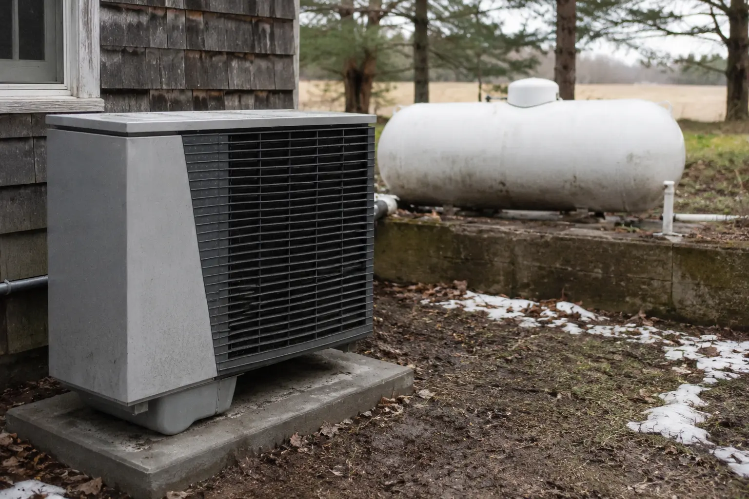 New heat pump condenser and propane tank at a rural Spokane County property