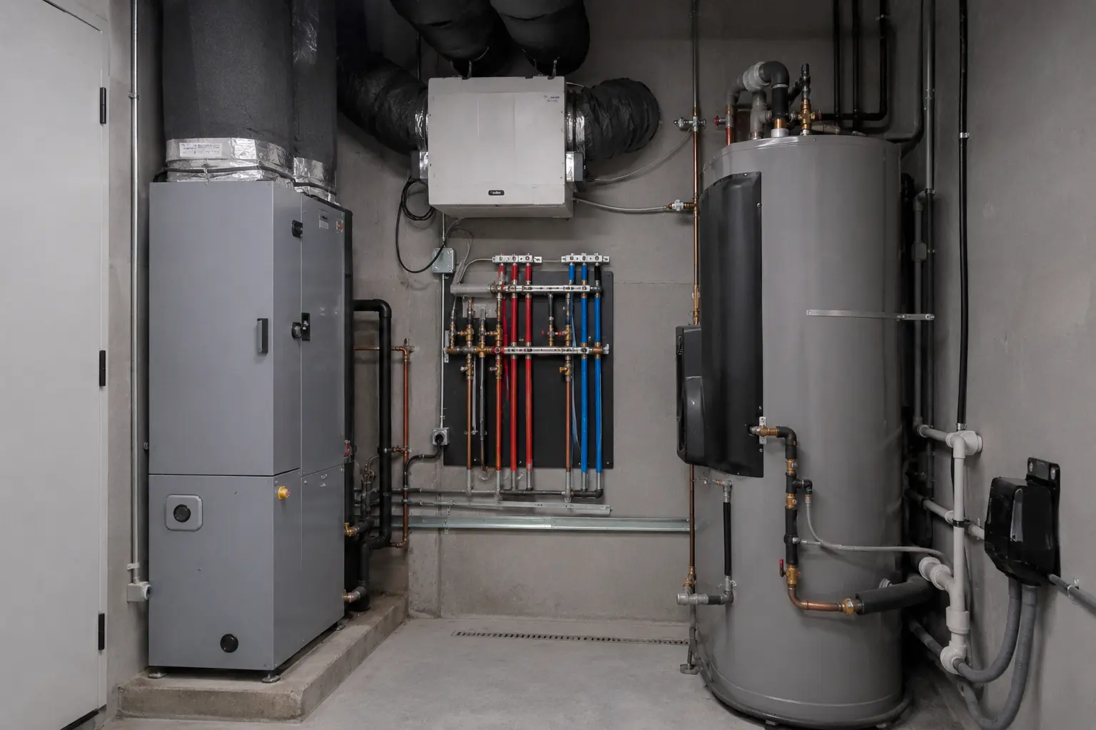 Complete residential mechanical room with heat pump air handler, water heater and ERV