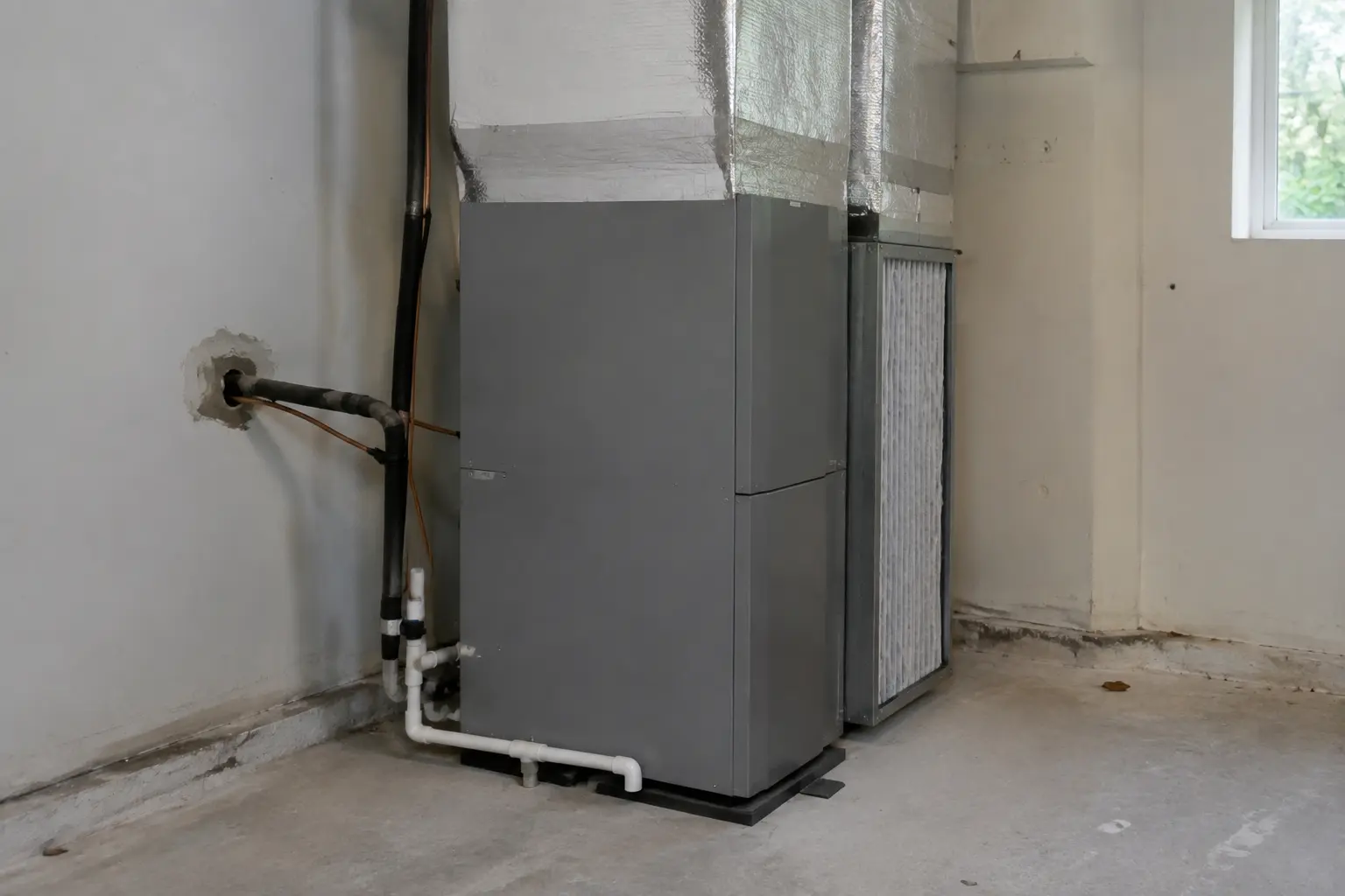 Indoor heat pump air handler and ductwork in a Spokane mechanical room